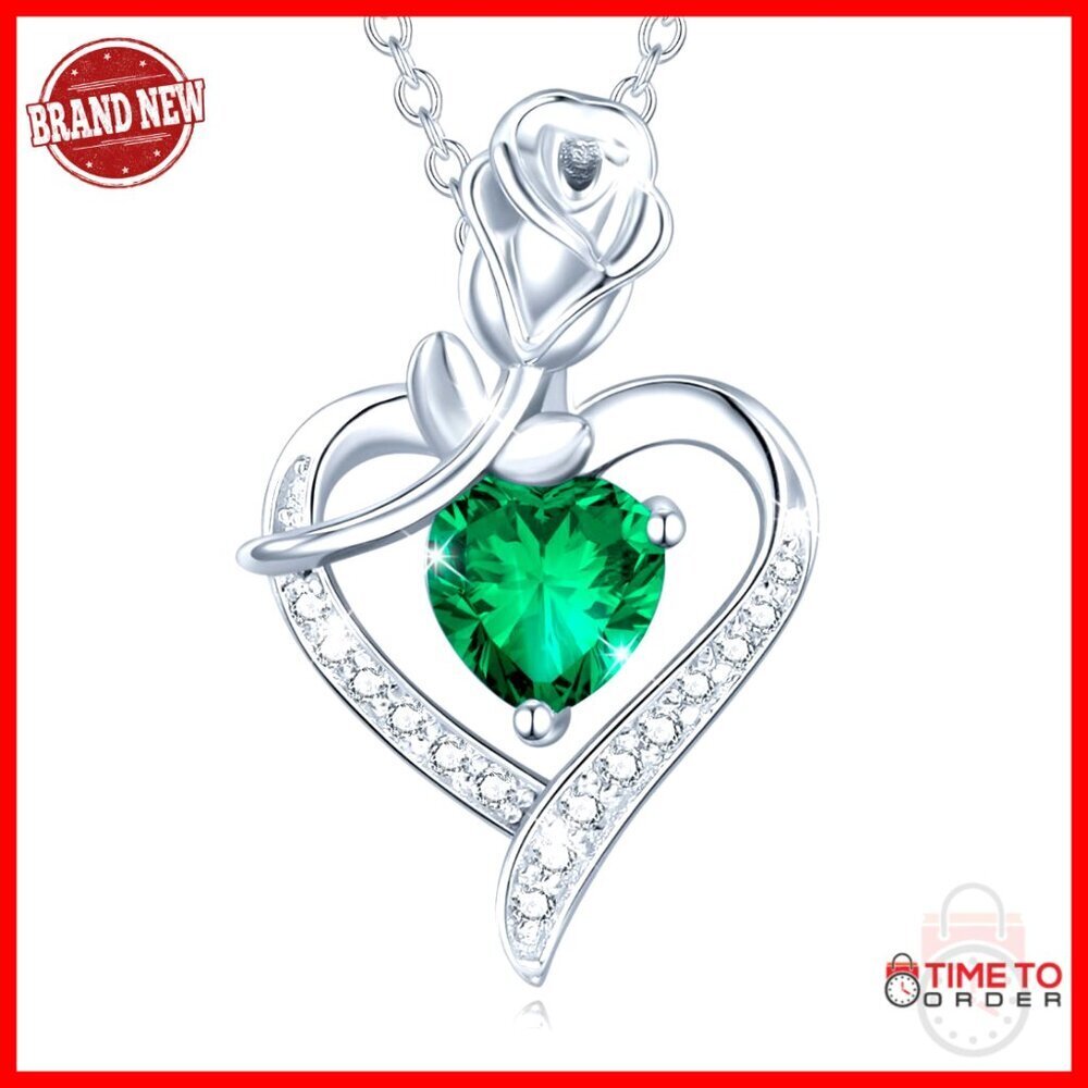 Sterling Silver Heart Pendant Necklace with Gemstone, Adjustable Chain